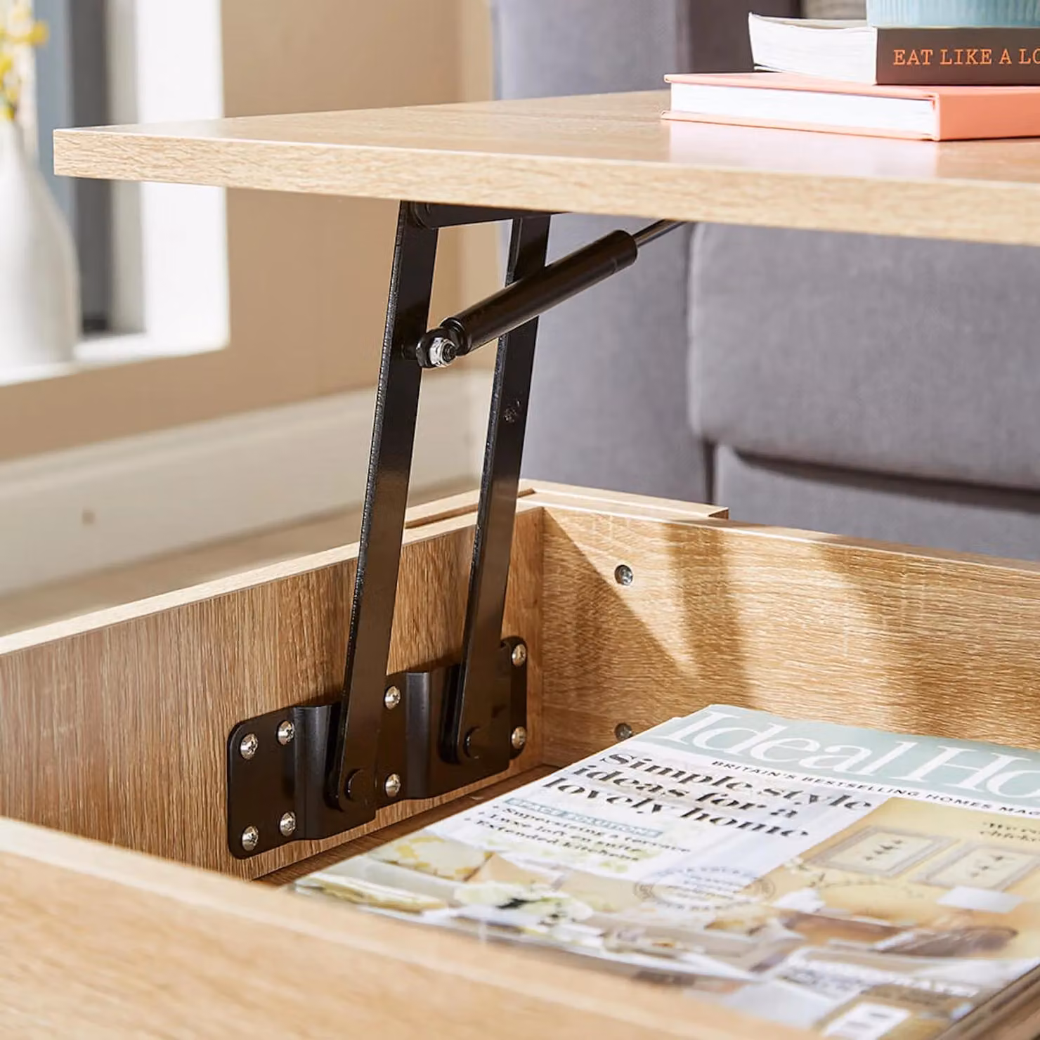Home Source Orlando Lift Up Coffee Table with Storage Shelf in Sand Natural Wood Finish – 2