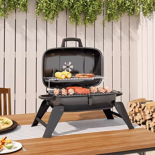 Livingandhome Compact Tabletop Charcoal Barbecue Grill with Warming Rack, Black Enamelled Steel
