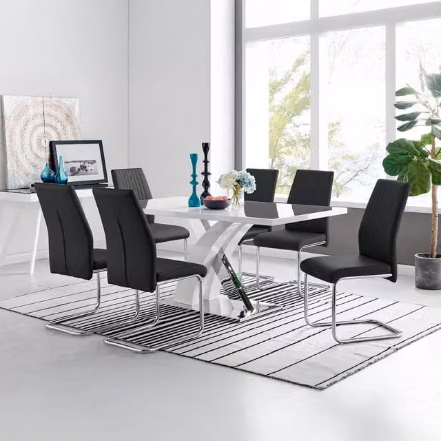 FurnitureboxUK Atlanta Modern Rectangular High Gloss White Dining Table and 6 Black Lorenzo Chairs Set