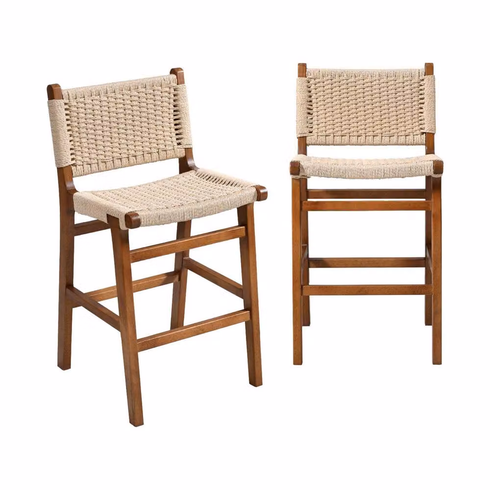 Sweek Set of 2 Scandinavian Rubberwood Bar Stools with Rope Seating in Dark Brown – 2