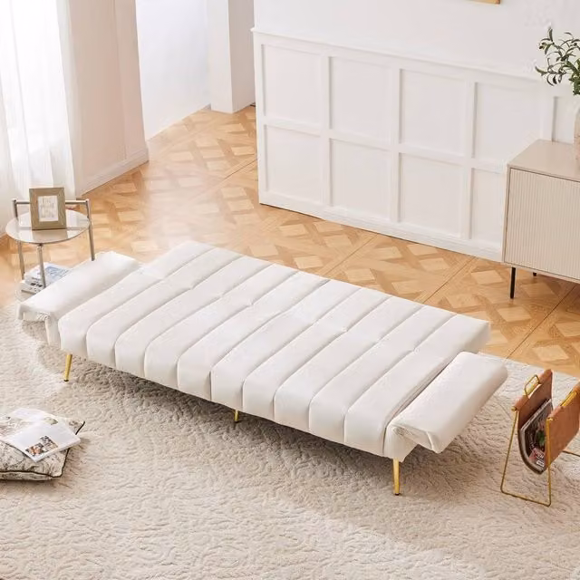 Merax Modern Convertible Velvet Sofa Bed in Beige with Metal Frame and Click-Clack Sleeping Function, 140 x 200 cm