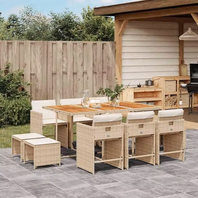 Berkfield Home 11 Piece Modern Garden Dining Set with Beige Poly Rattan and Acacia Wood