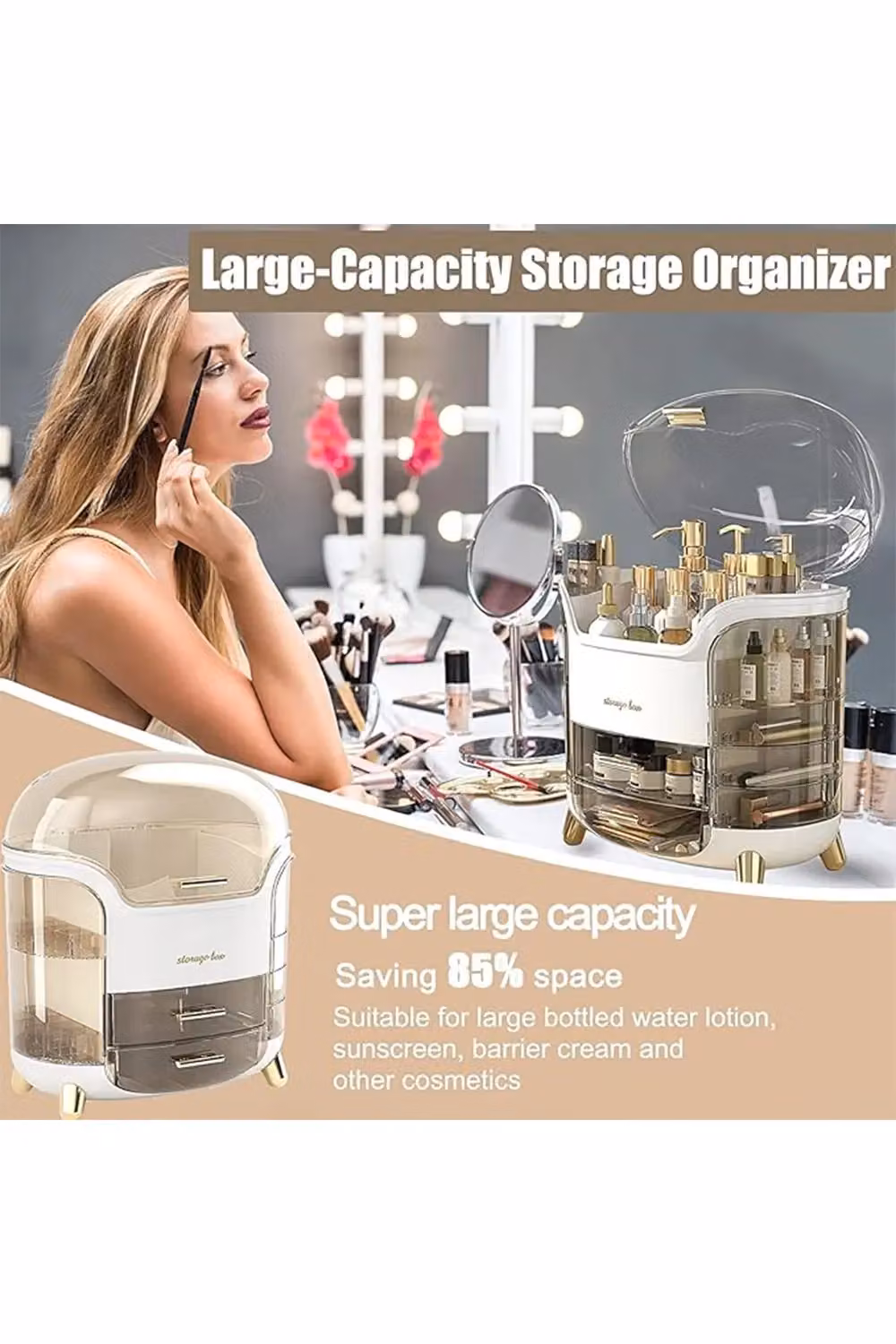 SHEONLY Large Capacity Cosmetic Storage Box with 2 Layers and Transparent Lid, White – 3