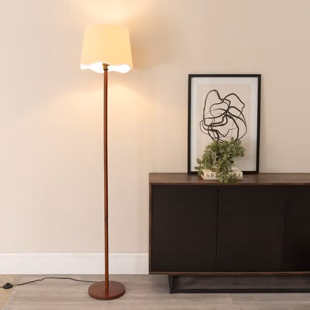 ValueLights Modern White Wood Floor Lamp with Fabric Shade