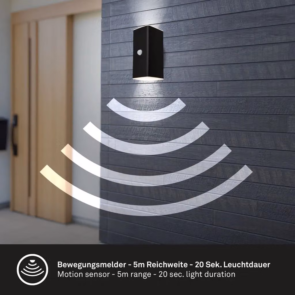 Briloner LED Outdoor Wall Light with Motion and Dusk Sensor, Black, H x W x D: 15.5 x 6.5 x 8.5 cm – 4