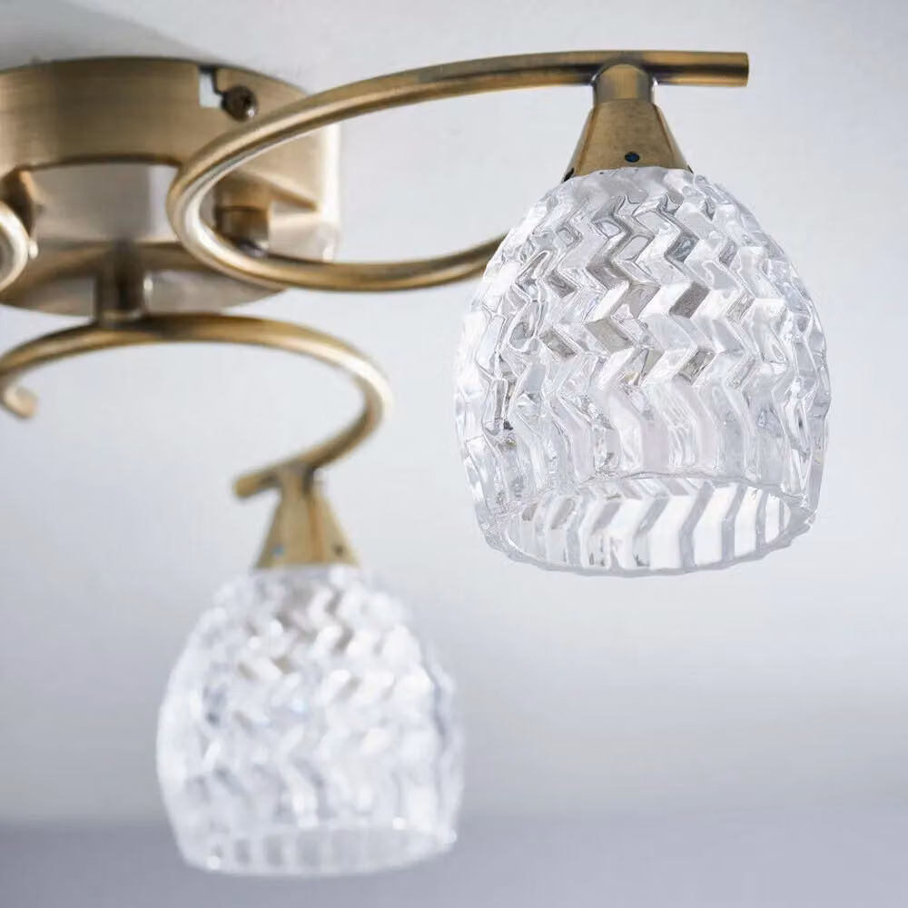 Loops Semi Flush Ceiling Light in Brass with Transparent Textured Glass for 3 Bulbs – 2