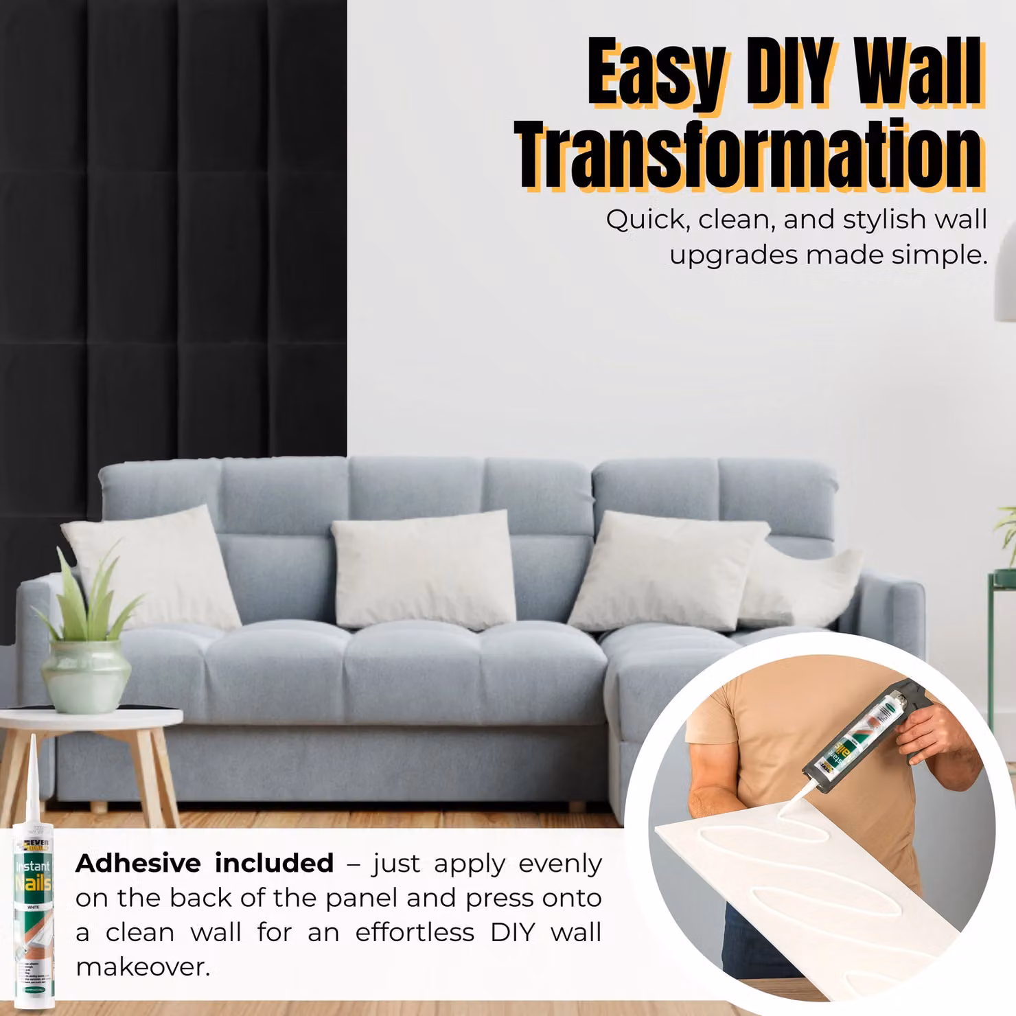 Novecrafto Set of 6 Soft Velvet Upholstered Wall Panels with Adhesive, Black, W: 60 cm, H: 30 cm – 7