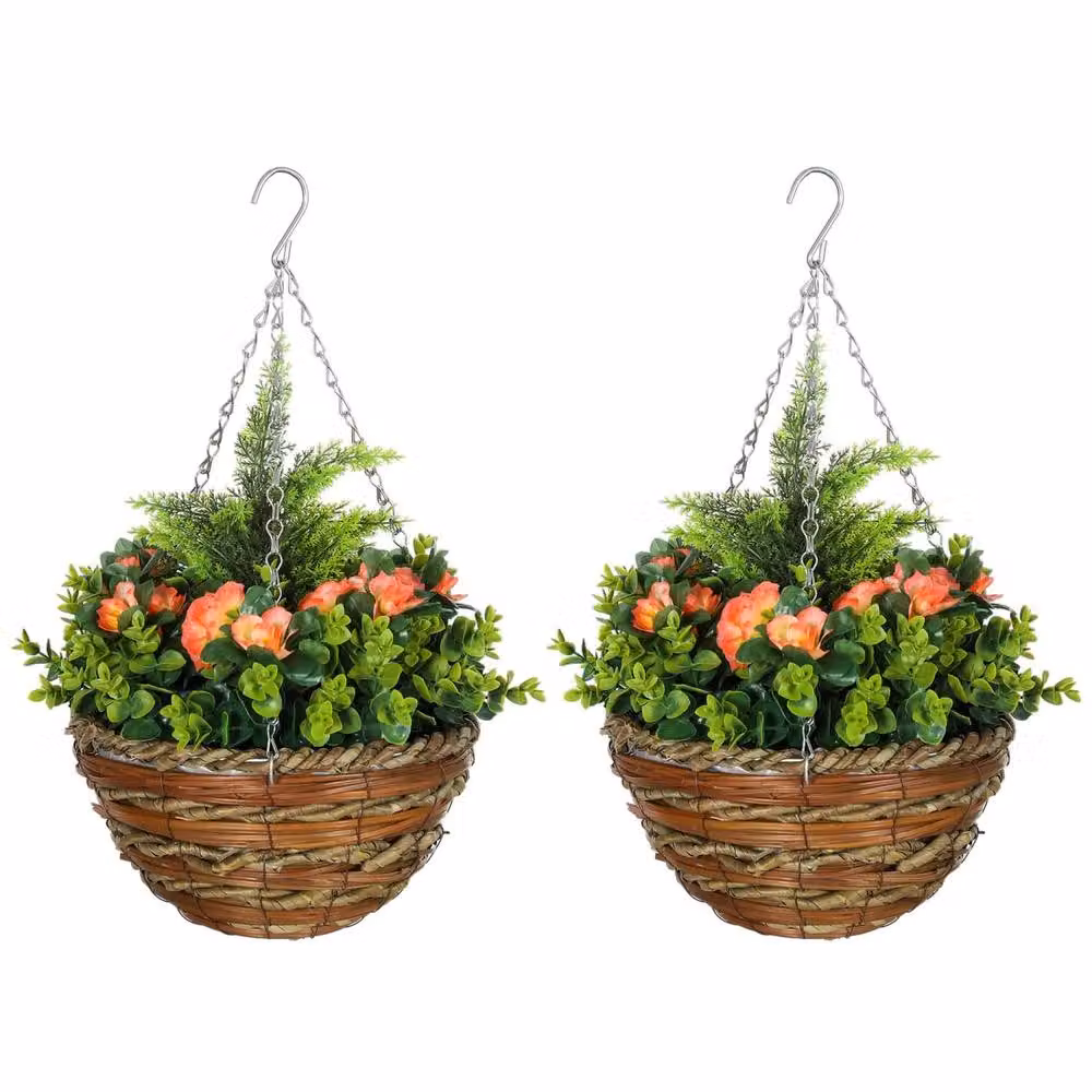 Wyld Haus Conivi Set of 2 Artificial Orange Lisianthus Hanging Flowers in Rattan Pots – 2