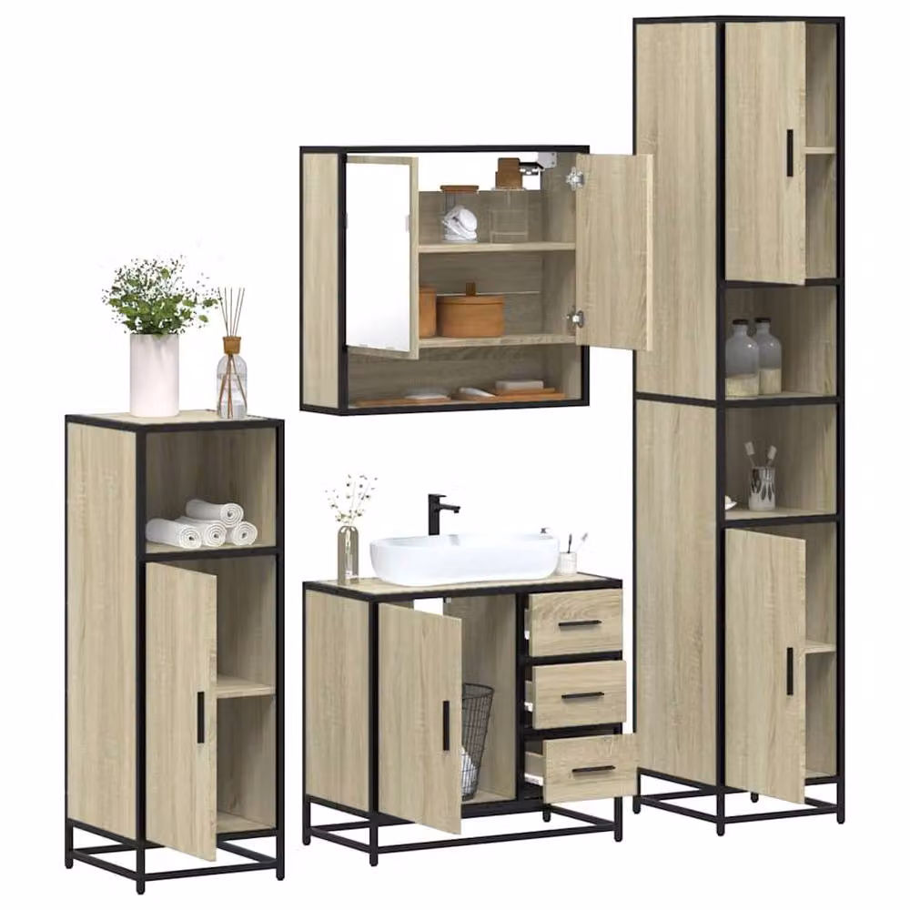 Berkfield Home 4-Piece Industrial Bathroom Furniture Set in Sonoma Oak and Brown – 2