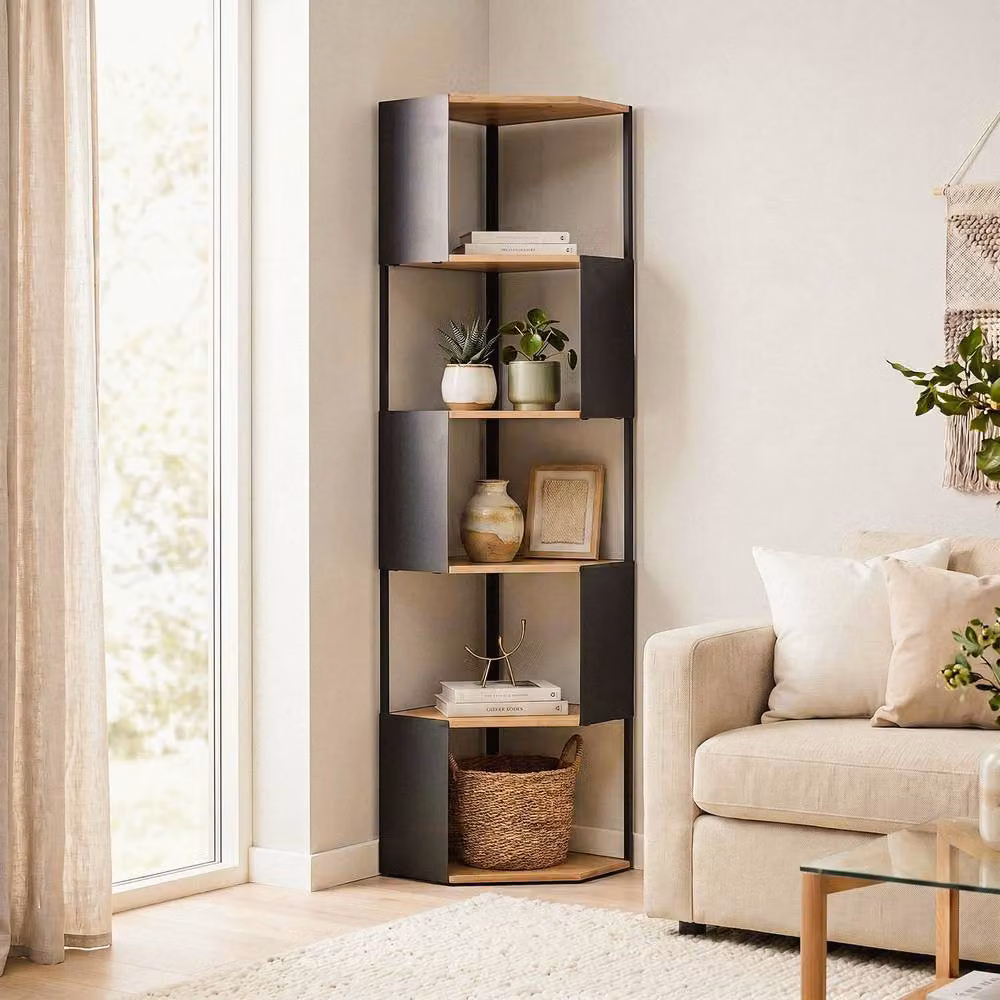CALICOSY 5-Tier Industrial Corner Shelf with Black Metal Sides in Light Brown, H: 172 cm, W: 40 cm, D: 40 cm – 2