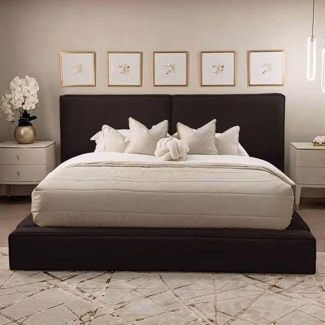 Stratus Interiors Tempa Modern Velvet Upholstered Platform Bed with Piping Border in Black, W/D/H: 140 x 200 cm