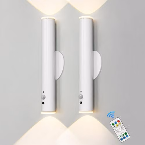 Harper Living Set of 2 White Rechargeable LED Wall Lights with Motion Sensor, Remote Control and Dimmer Function for Bedroom and Hallway – 1