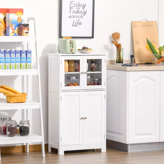 kleankin White Freestanding Bathroom Floor Cabinet with Glass Doors