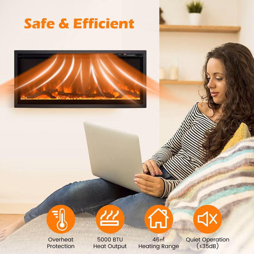 Gymax 42 Inch Electric Linear Fireplace Insert with Remote Control in Black – 8