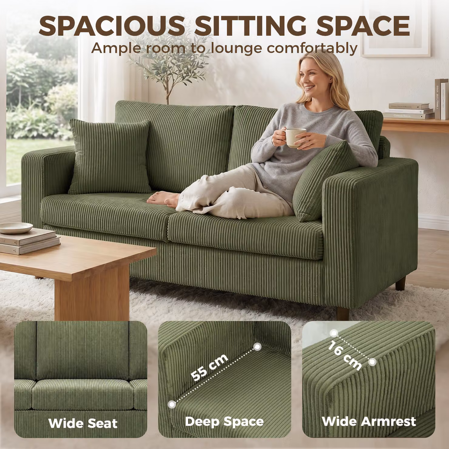 HOMCOM Corduroy 2 Seater Loveseat Sofa in Green with Deep Seats and Scatter Cushions – 3
