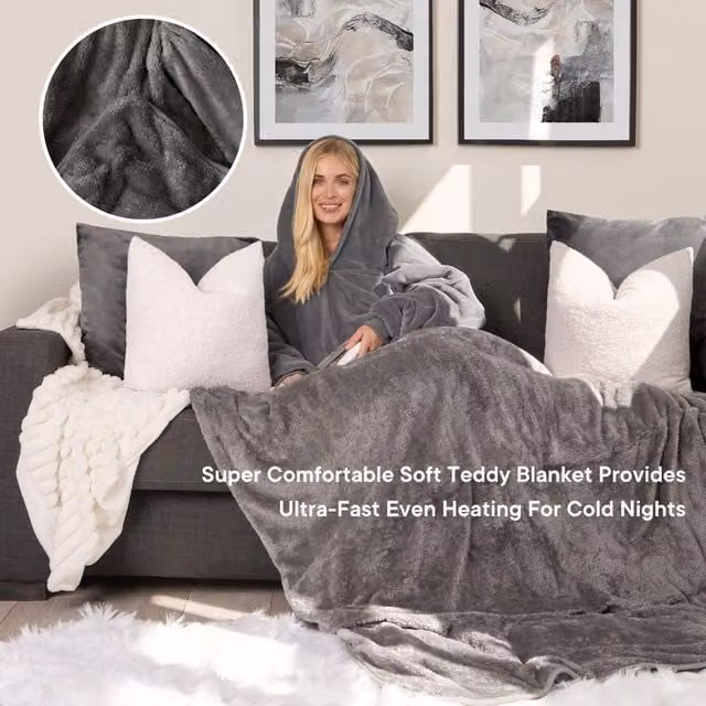OHS Teddy Fleece and Velvet Electric Heated Blanket with Auto Shut Off in Grey or Turquoise