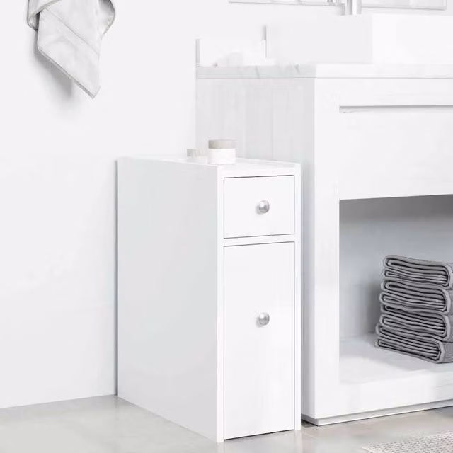 Berkfield Home Narrow White Engineered Wood Bathroom Cupboard with Wheels W/D/H: 21.5 x 50.0 x 60.0 cm