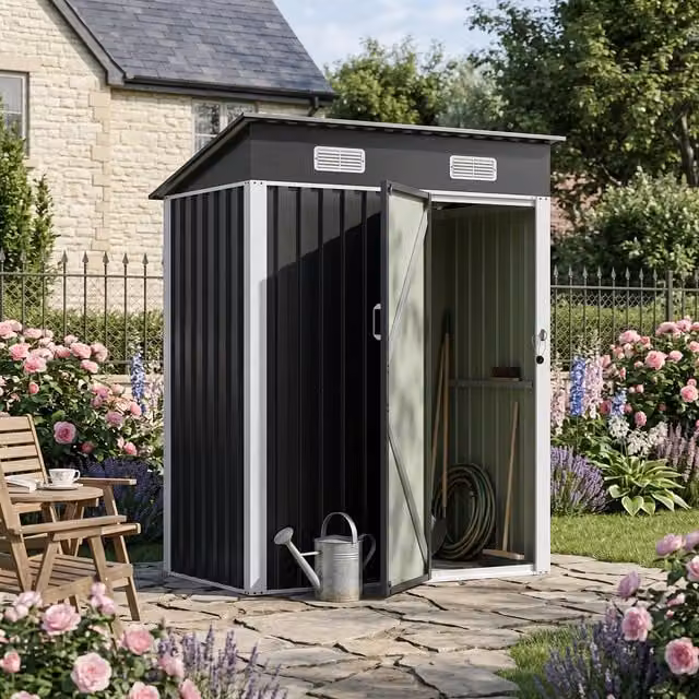 Breeins Metal Pent Garden Shed with Lockable Door, Anthracite and White, W/D/H: 152.4 x 91.44 x 91.44 cm