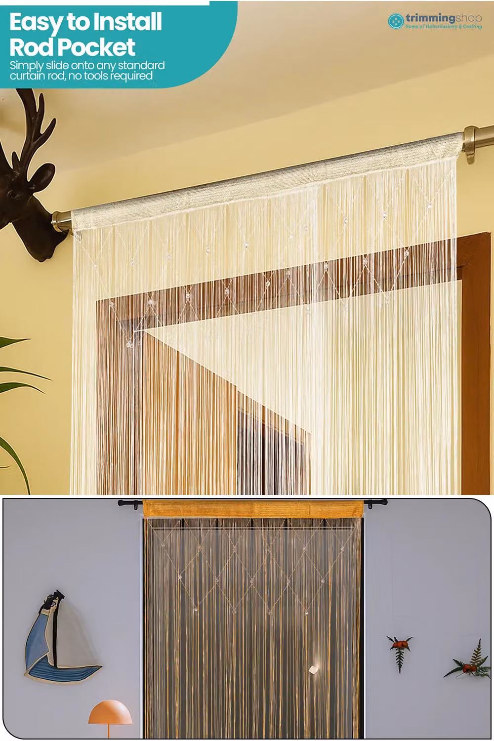 Neel Blue Gold and Ivory Beaded String Curtain Panel, W: 100 cm, H: 200 cm – 2