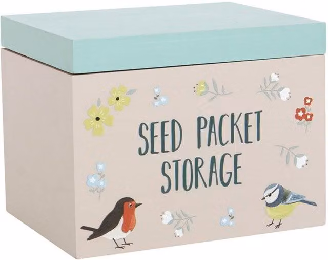 KDMK British Garden Birds Seed Packet Storage Box in Grey Solid Wood