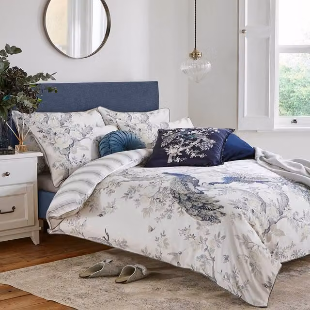 Laura Ashley Belvedere Reversible Floral Cotton Duvet Cover and Pillowcase Set in Midnight Blue and White