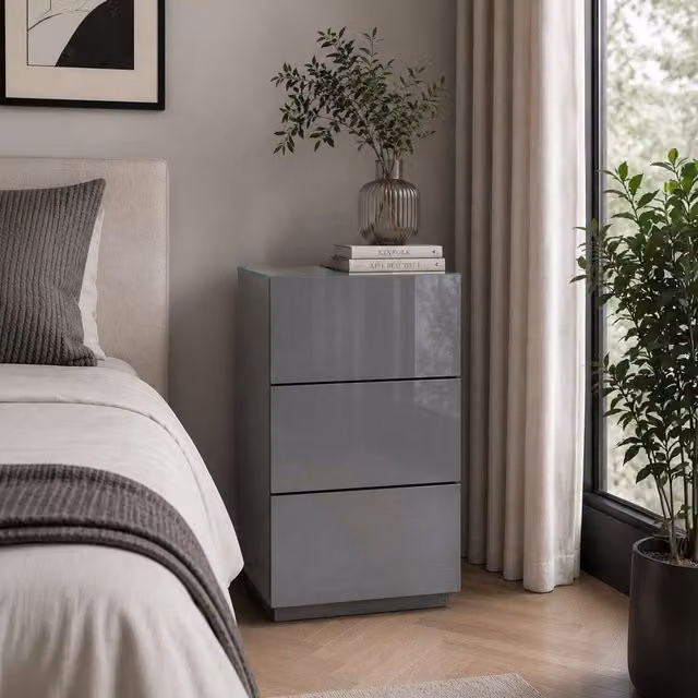 Birlea Liberty Modern 3 Drawer Bedside Cabinet in Grey with Glossy Glass Finish