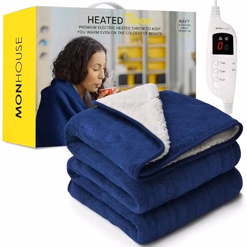 MONHOUSE Heated Electric Fleece Throw in Blue, W/D/H: 130 x 160 cm