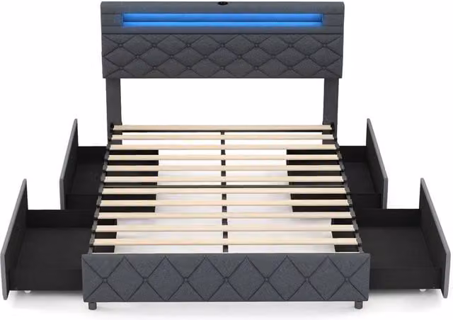 Costway Double Size Upholstered Bed Frame in Grey with LED Lights, USB Charging Port and Drawers, W/D/H: 140 x 200 cm – 1