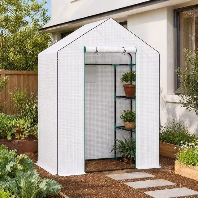 STILVORA White Walk-In Greenhouse with Shelving, W/D/H: 143 x 74 x 190 cm