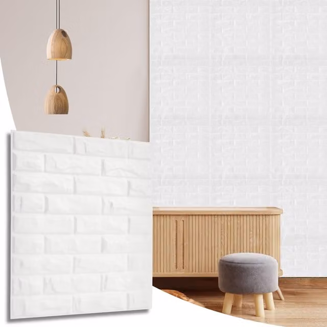 NOVECRAFTO White 3D PVC Wall Panels with Classic Brick Design, W/D/H: 50 x 50 x 0.25 cm