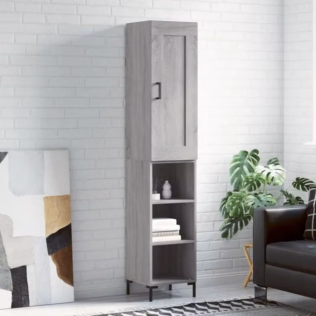 Berkfield Home Grey Sonoma Highboard with Hinged Doors and Internal Shelves, W/D/H: 34.5 x 34.0 x 180.0 cm