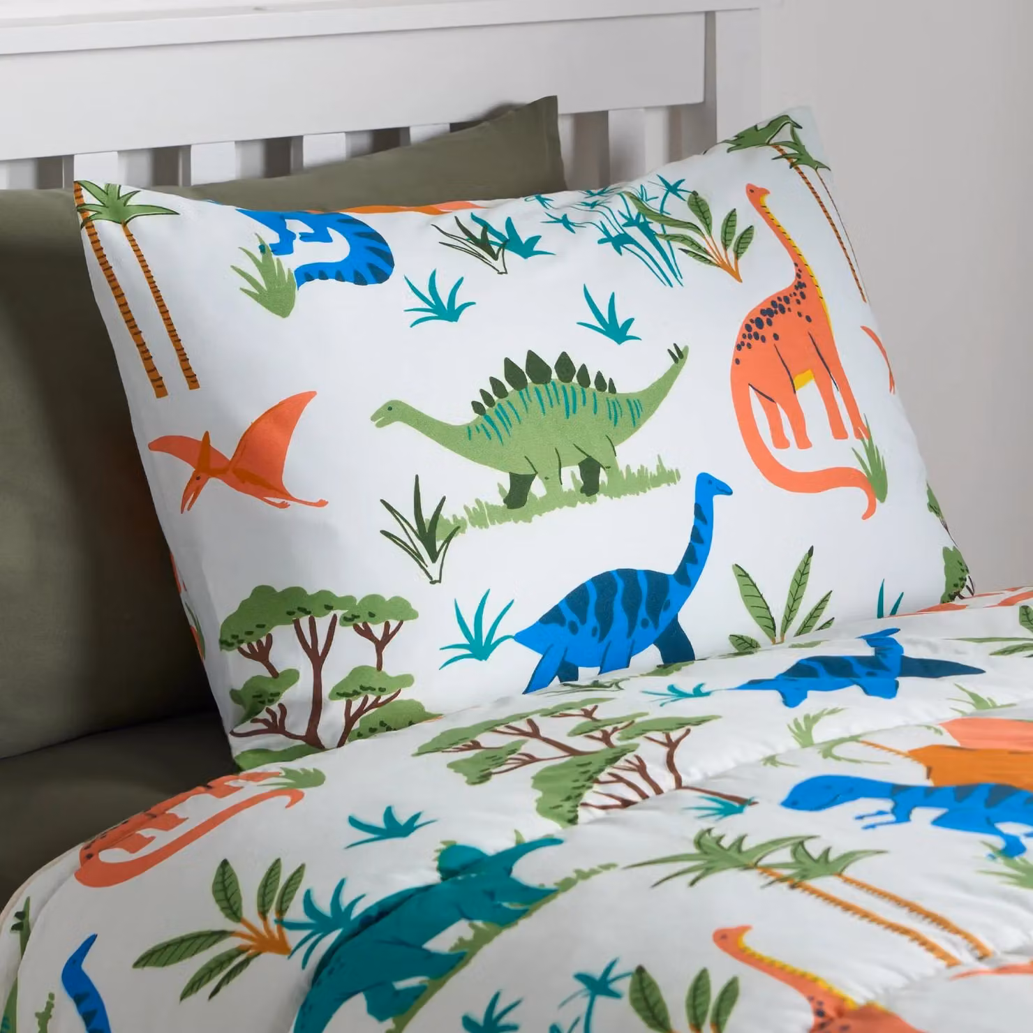 OHS Dino Print Kids Reversible Coverless Duvet and Pillowcase Set, 10.5 Tog, Multicolour, W/D/H: 135 x 200 cm – 4