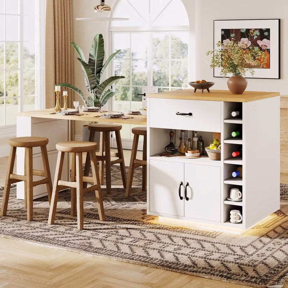 Rolipo Extendable Kitchen Island with Dining Table and LED Storage Cabinet in White – 3