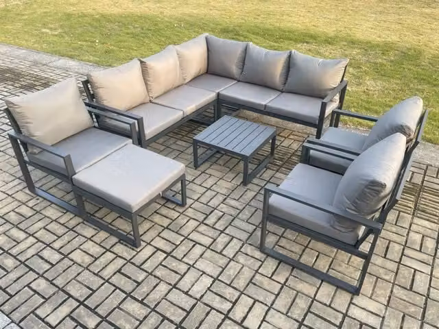 Fimous 9 Seater Outdoor Aluminium Garden Furniture Set in Dark Grey with Corner Lounge Sofa, Square Coffee Table and Ottoman