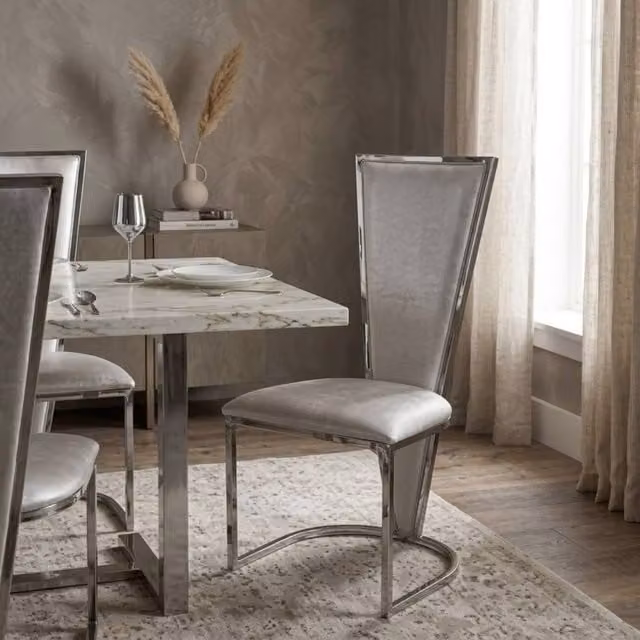 Stratus Interiors Grey Dining Chair with Silver Mirrored Metal Frame and Fabric Padded Seat