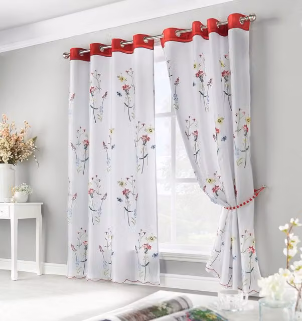 Luxury Living Floral Embroidered Voile Eyelet Curtains, Multicolour, Width: 145 cm, Drop: 137 cm