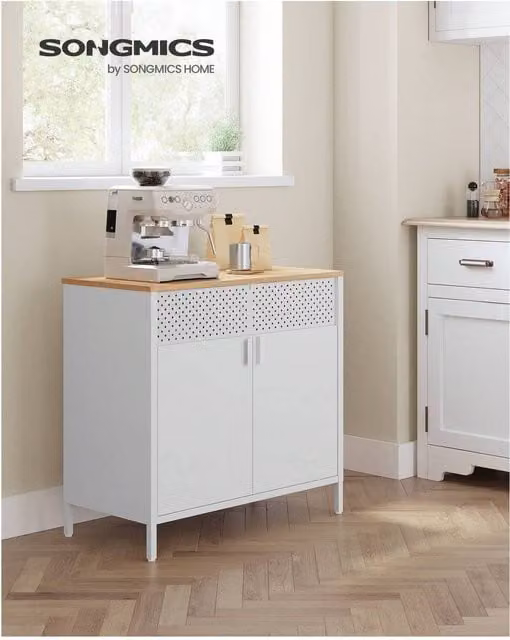 SONGMICS Modern White Metal and MDF Freestanding Storage Cabinet with Hinged Doors and Internal Shelves for Home or Office Filing