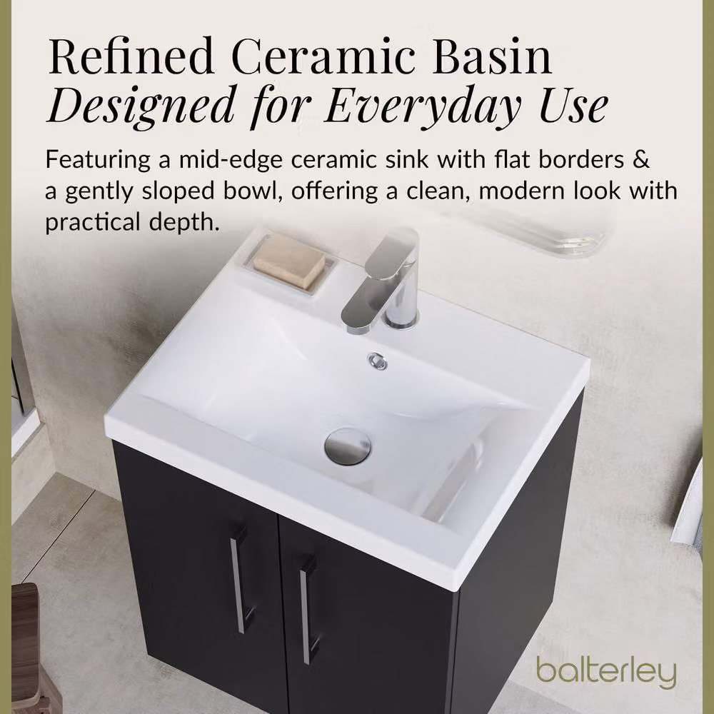 Balterley Modern Wall Hung Bathroom Vanity Unit with 2 Soft Close Doors and Rectangular Mid-Edge Basin, Dark Grey – 5