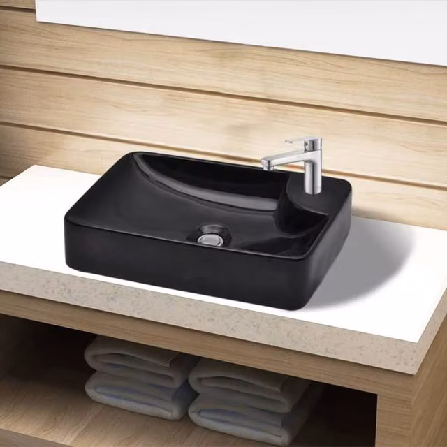 Berkfield Home Rectangular Ceramic Bathroom Sink Basin with Faucet Hole, Black