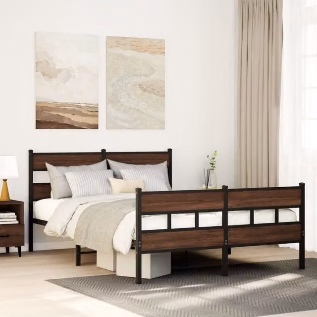 Berkfield Home Metal Bed Frame in Brown Oak, W: 160 cm, D: 200 cm
