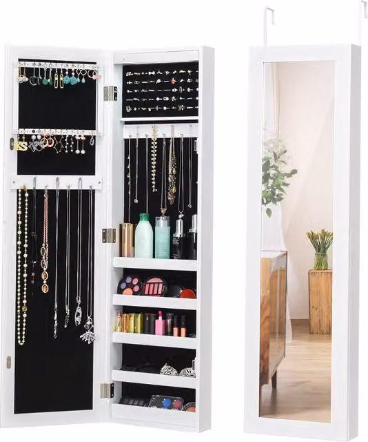 COSTWAY Modern White Wall Mounted Jewellery Cabinet with Integrated LED Lighting and Mirror Door