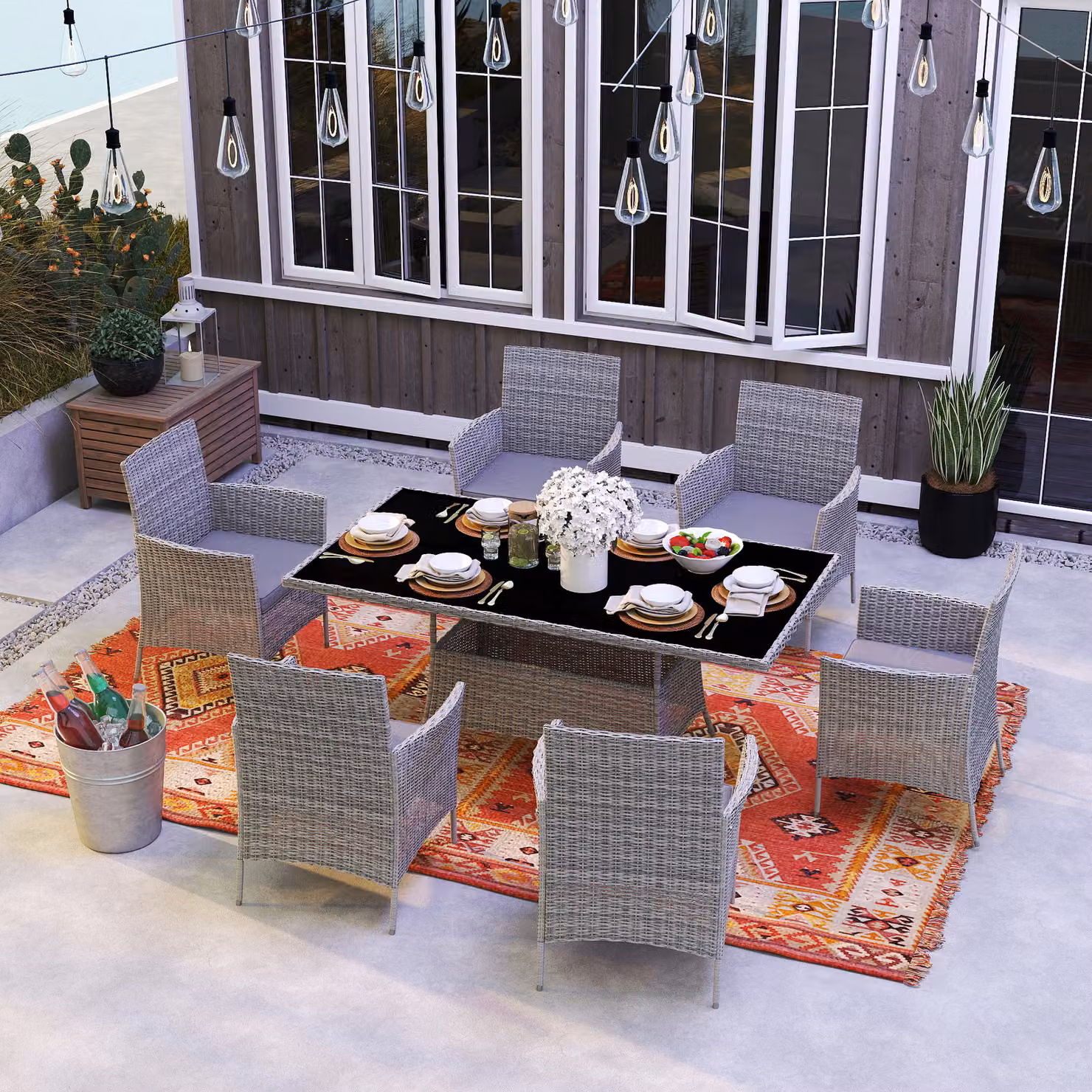 Outsunny 7-Piece Rattan Garden Furniture Set with Cushions, 6 Seater Glass Top Table and 6 Armchairs, Charcoal Grey – 2