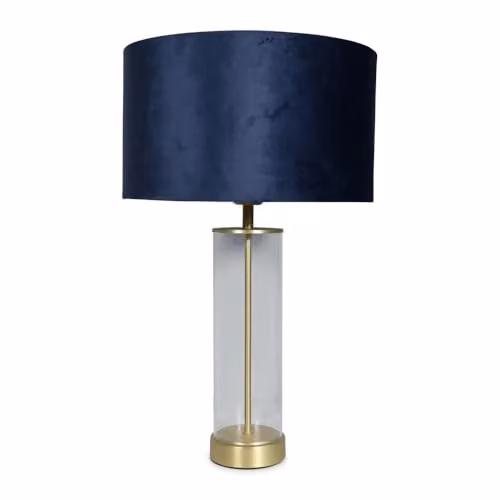 ValueLights Balan Glass and Gold Metal Table Lamp with Blue Fabric Cylinder Shade and LED Bulb – 1