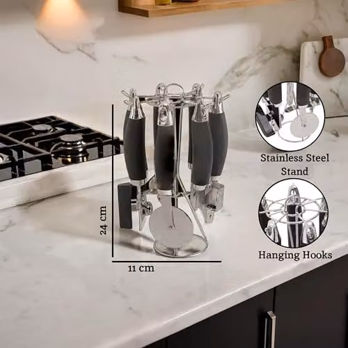 Orsina 5 Piece Stainless Steel and Silicone Kitchen Gadget Set with Rotatable Stand in Black – 3