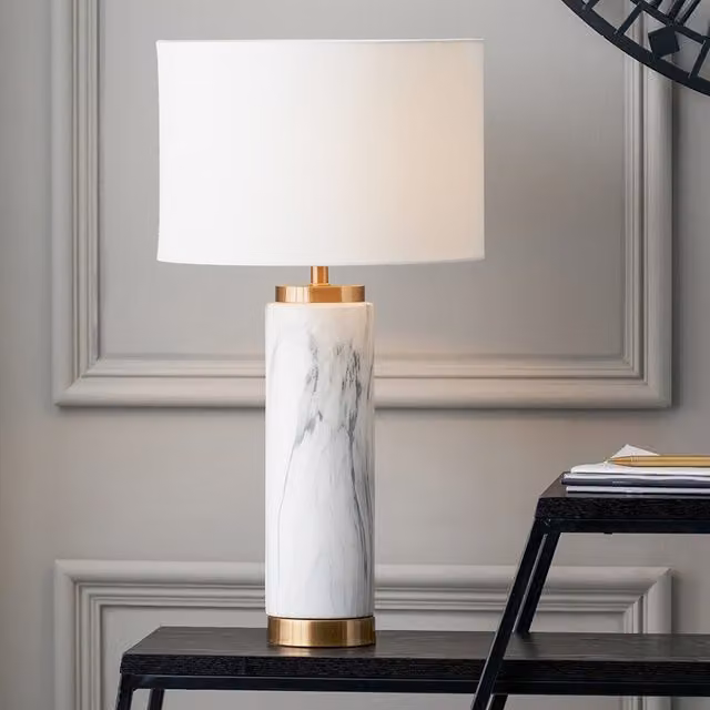 Pacific Lifestyle Modern Marble Effect Ceramic and Metal Table Lamp in White and Gold/Brass