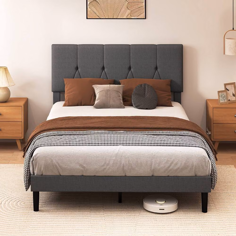Levede Upholstered Fabric Bed Frame with Headboard in Grey, W/D/H: 140 x 200 cm – 3