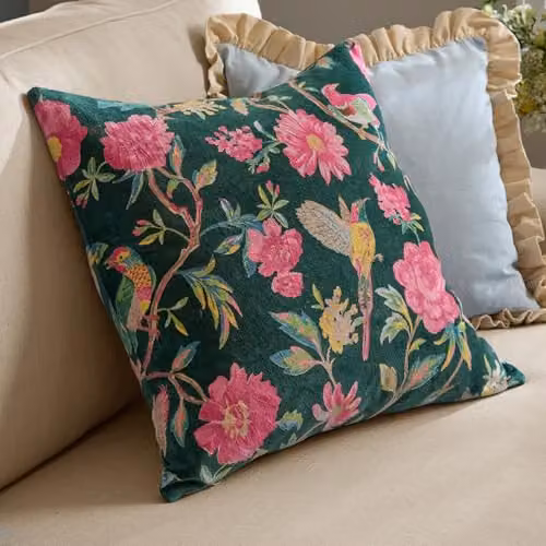 Riva Home Wylder Aviary Floral Cotton Velvet Decorative Cushion, Petrol Green, W/D/H: 50 x 50 x 50 cm – 3