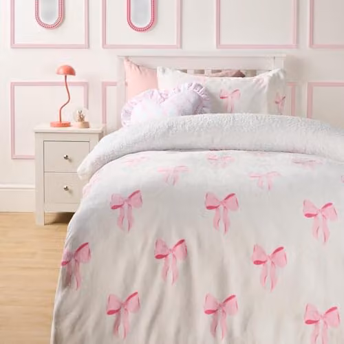 OHS Bows Fleece Duvet Cover and Pillowcase Set, Pink and White, W/D/H: 200 x 200 cm with Pillowcases 50 x 75 cm