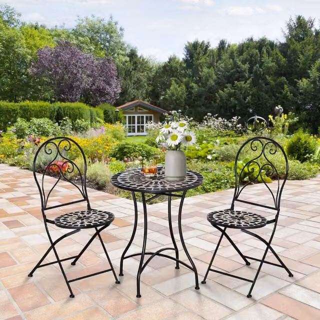 Outsunny 3 Piece Black Mosaic Tile Garden Bistro Set with Round Ceramic Table and Chairs