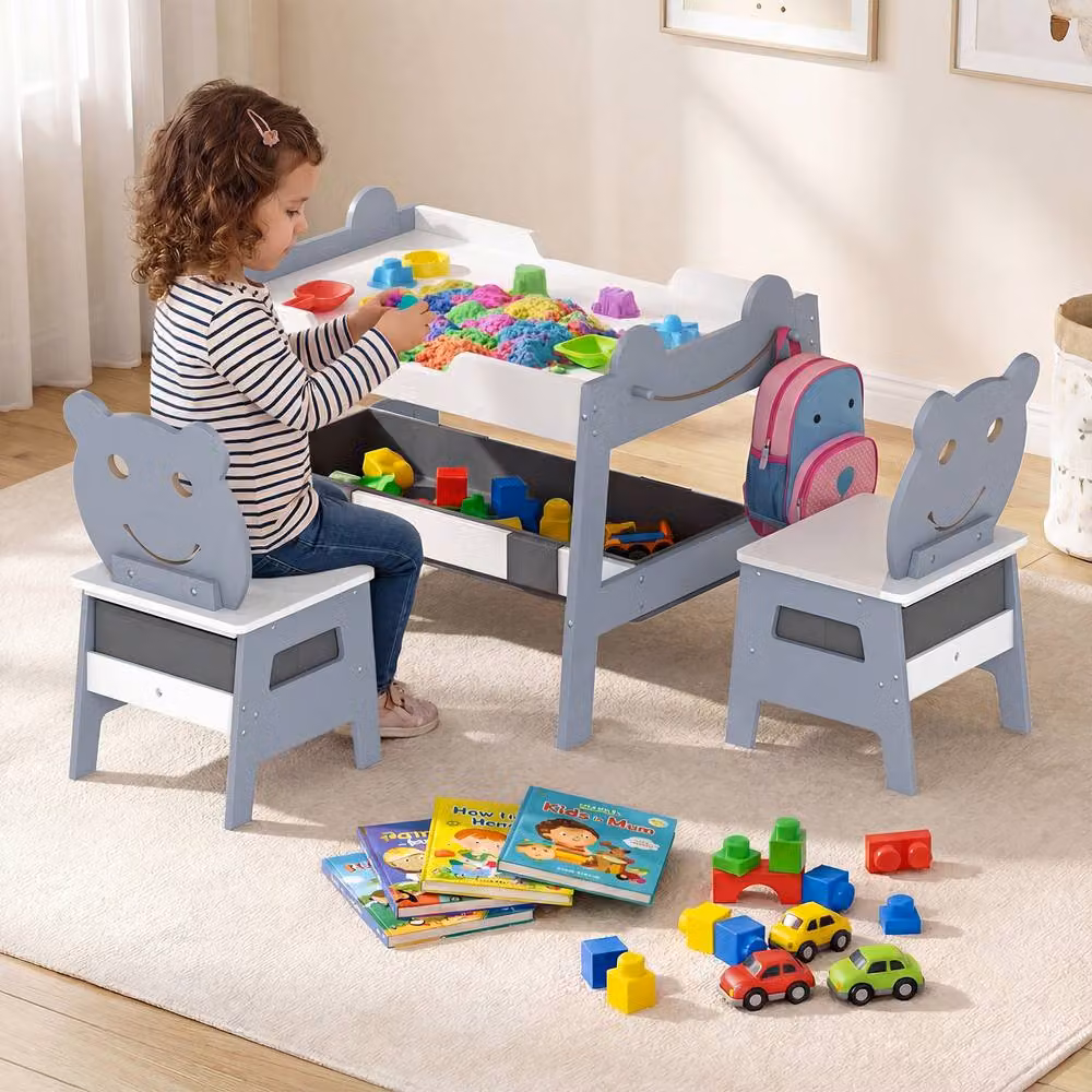 Costway Versatile Kids Wooden Activity Table and 2 Chairs Set in Grey – 5
